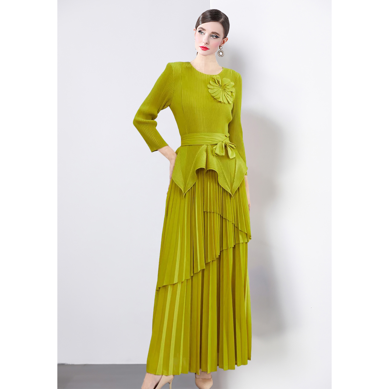 Three dimensional floral decoration top with long lace up pleated skirt, foreign trade European and American style pleated set with lining fabric Three dimensional floral decoration top with long lace up pleated skirt, foreign trade European and American style pleated set with lining fabric