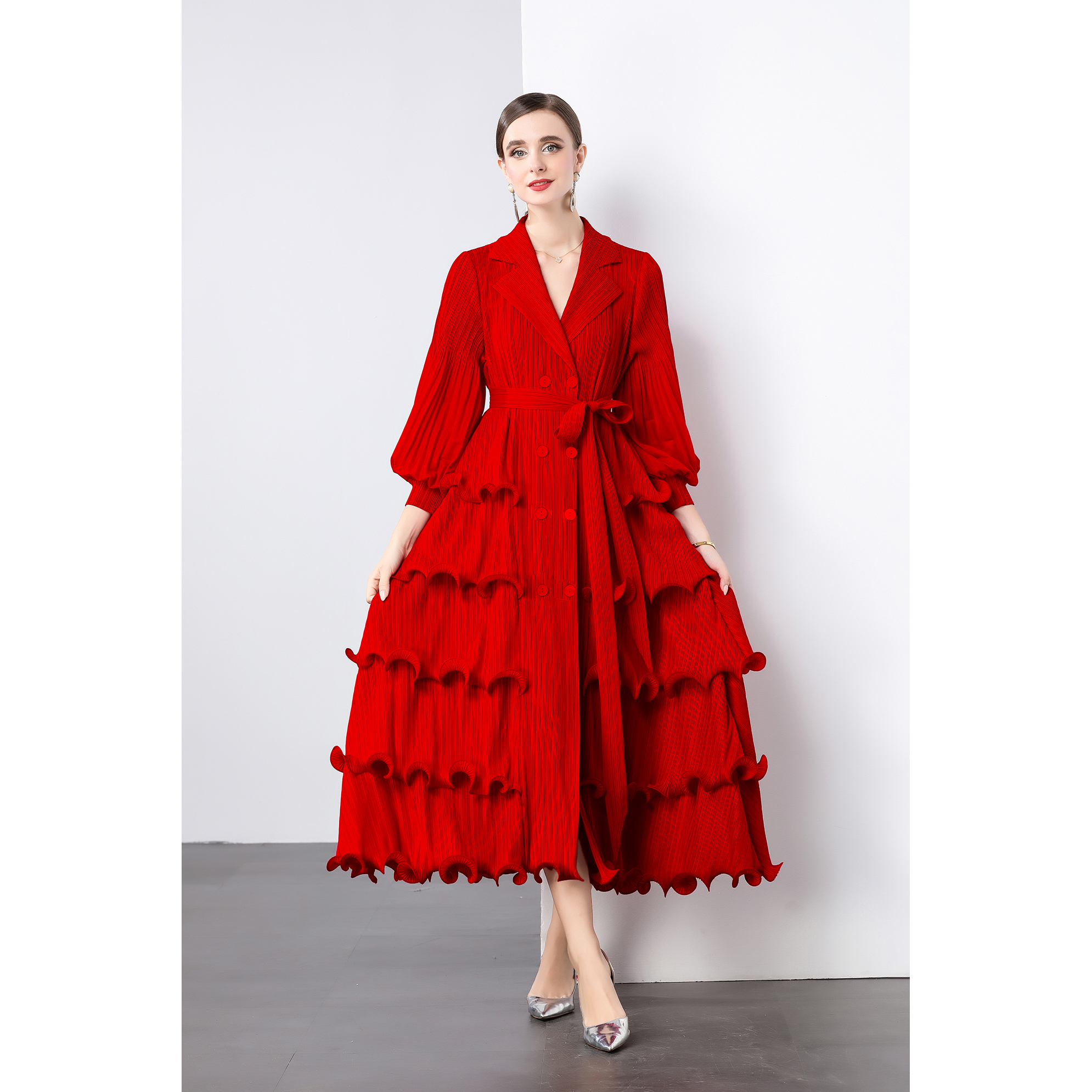 Miyake suit collar cardigan dress, black fungus edge pleated cake skirt, heavy-duty lantern sleeves, plus size mm, cross-border women's outfit Miyake suit collar cardigan dress, black fungus edge pleated cake skirt, heavy-duty lantern sleeves, plus size mm, cross-border women's outfit