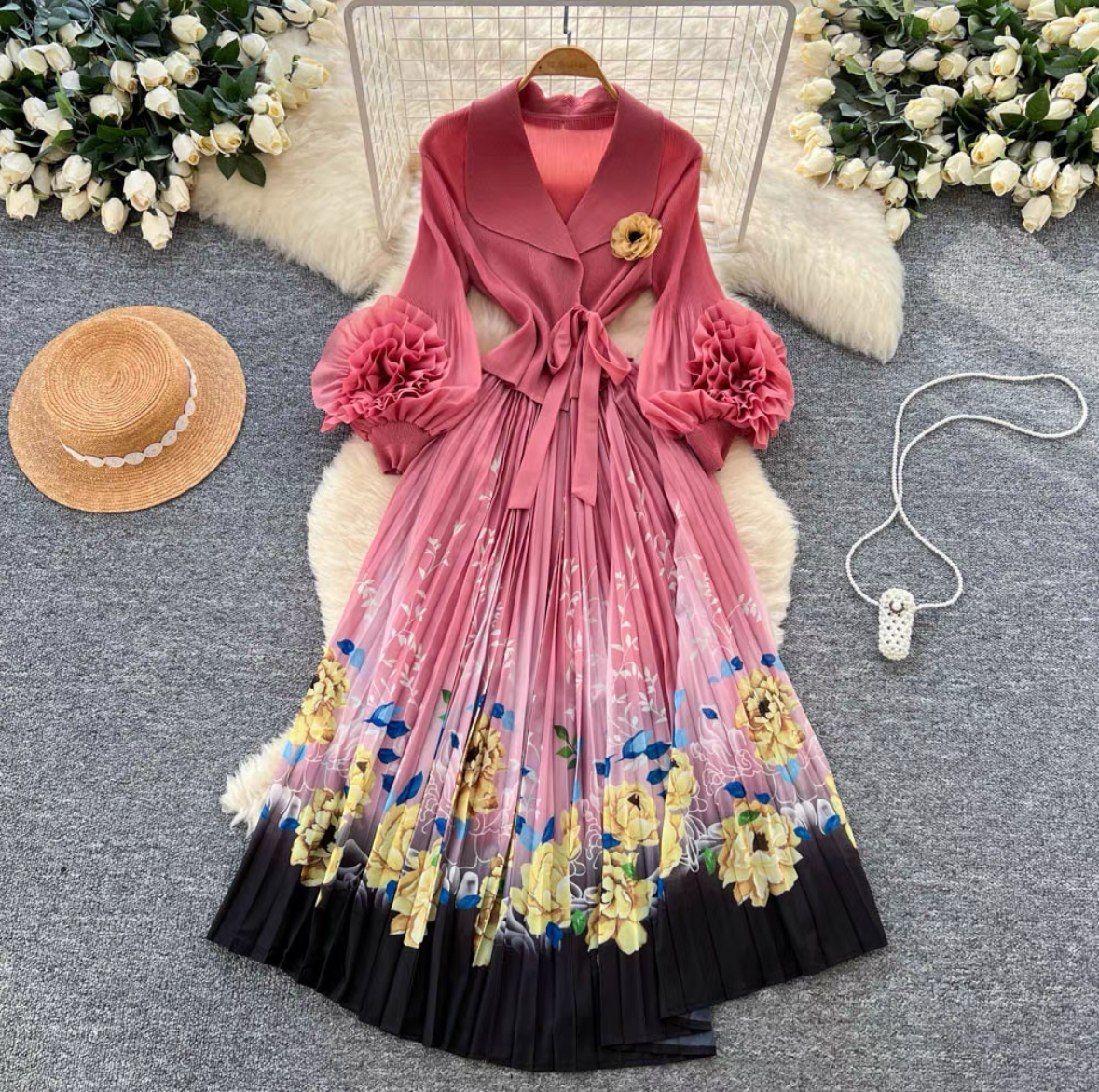 Foreign Trade: Three Houses, Africa, Europe, America, Printed, Customized, Flower Plate, Three Dimensional Decorative, Folded Dress, Elegant Suit, Collar, Women's Wear Foreign Trade: Three Houses, Africa, Europe, America, Printed, Customized, Flower Plate, Three Dimensional Decorative, Folded Dress, Elegant Suit, Collar, Women's Wear