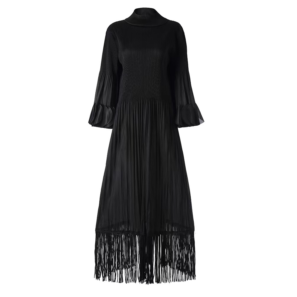 Miyake Cross border European, American, Middle Eastern Tassel Fold Design with Petal Repair Solid Color Dress for Ladies, Long Sleeves, Mid length Skirt Miyake Cross border European, American, Middle Eastern Tassel Fold Design with Petal Repair Solid Color Dress for Ladies, Long Sleeves, Mid length Skirt