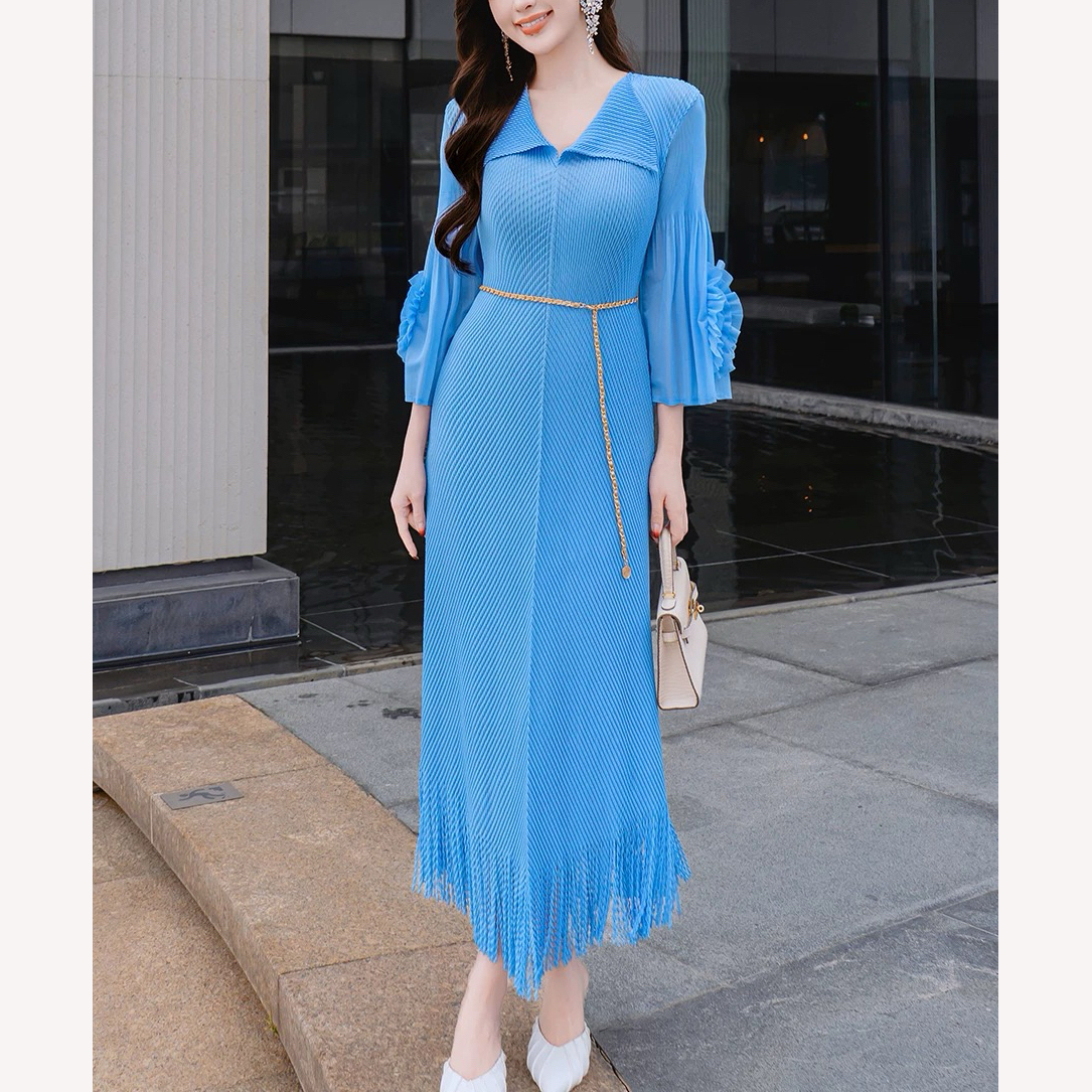 Miyake 2025 new pleated fish scale pleated dress with floral sleeves, tassel oversized women's clothing, elegant foreign trade, cross-border Miyake 2025 new pleated fish scale pleated dress with floral sleeves, tassel oversized women's clothing, elegant foreign trade, cross-border