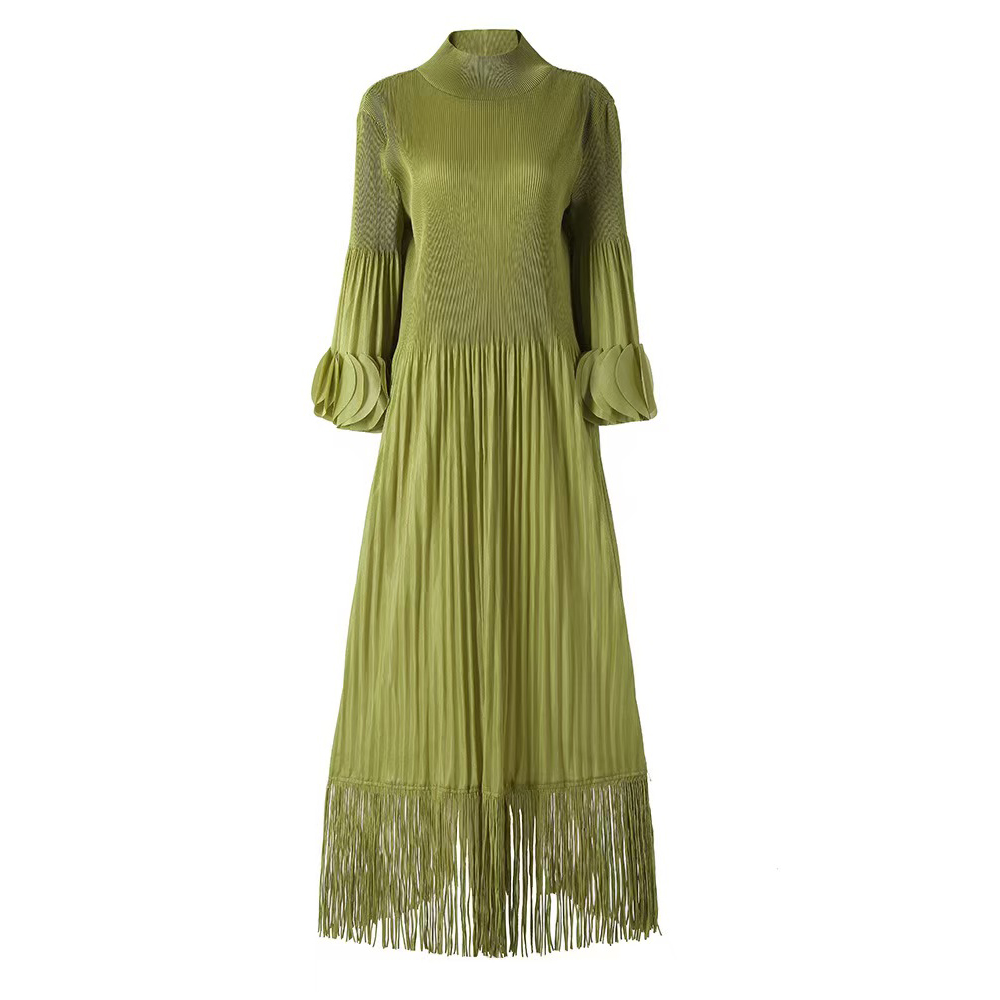 Miyake Cross border European, American, Middle Eastern Tassel Fold Design with Petal Repair Solid Color Dress for Ladies, Long Sleeves, Mid length Skirt Miyake Cross border European, American, Middle Eastern Tassel Fold Design with Petal Repair Solid Color Dress for Ladies, Long Sleeves, Mid length Skirt