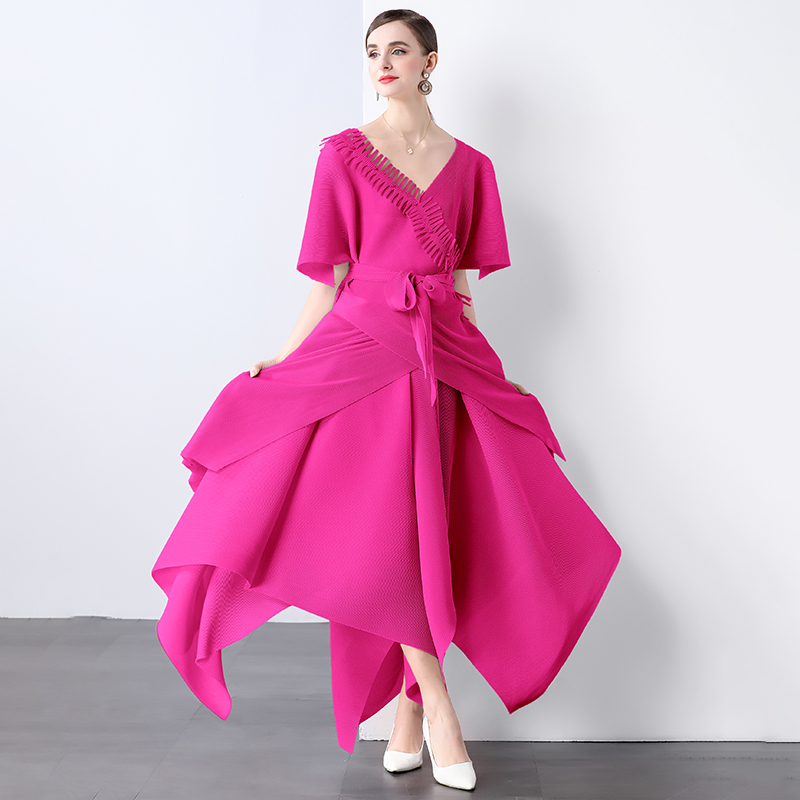 Miyake Foreign Trade Design Jacket Strap Fashion Loose Nail Bead tassel Irregular Wrinkle Solid Color V-neck Set Miyake Foreign Trade Design Jacket Strap Fashion Loose Nail Bead tassel Irregular Wrinkle Solid Color V-neck Set