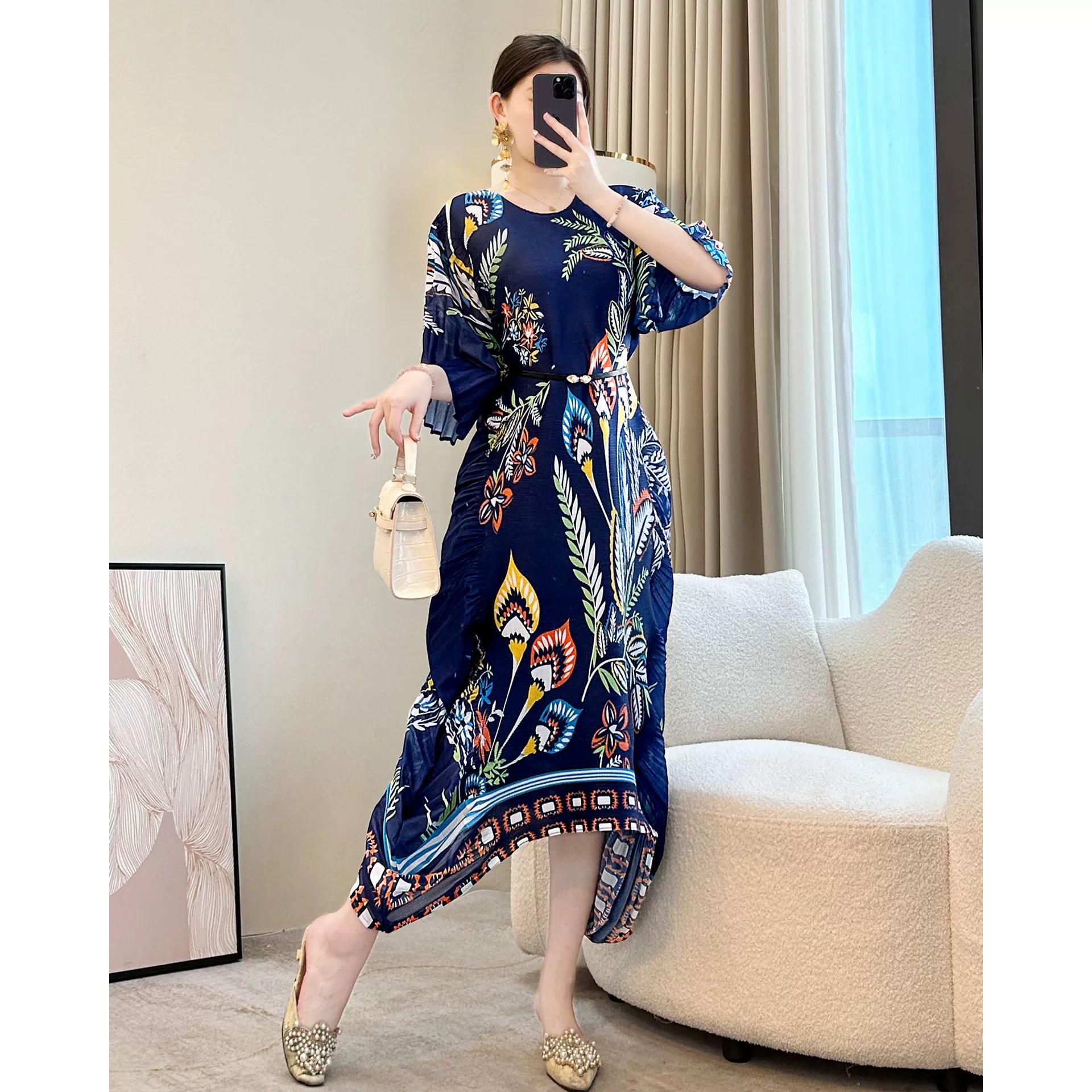 Miyake luxury, irregular ruffle edge design, pleated printed dress, beach vacation, plus size, loose fit for women Miyake luxury, irregular ruffle edge design, pleated printed dress, beach vacation, plus size, loose fit for women