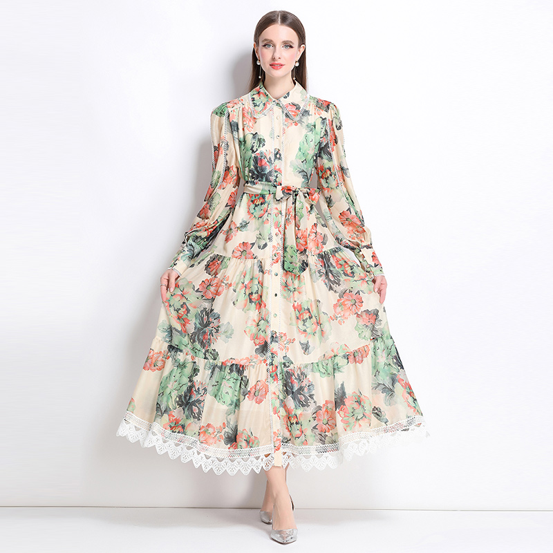 Real shot - Artistic style lace up waist cinching lapel long skirt with retro printed design, long dress Real shot - Artistic style lace up waist cinching lapel long skirt with retro printed design, long dress