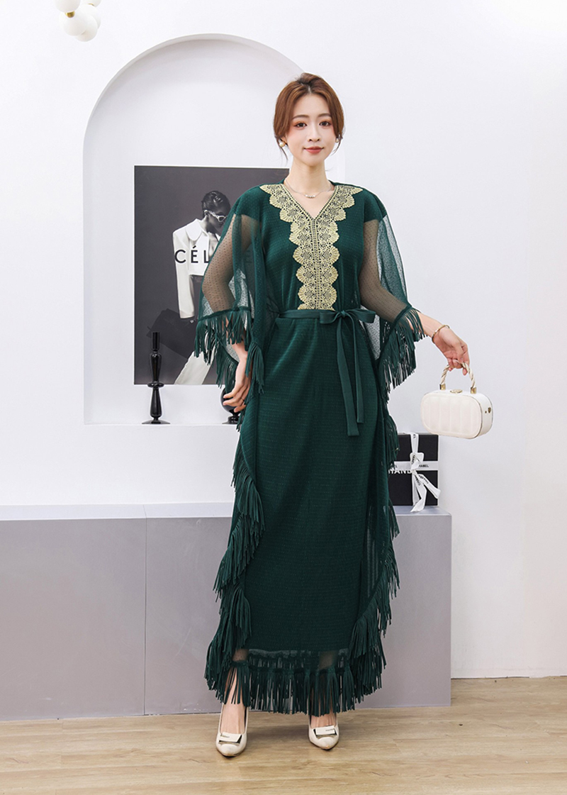 Miyake Cross border Loose Bat Sleeve Tassel Folded Lace Decal Dress Middle Eastern Female Muslim Waist Straw Fabric Miyake Cross border Loose Bat Sleeve Tassel Folded Lace Decal Dress Middle Eastern Female Muslim Waist Straw Fabric