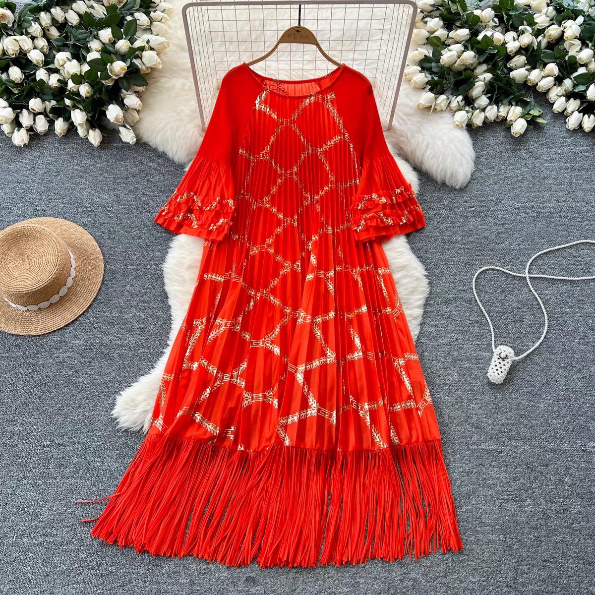 Miyake European and American cross-border hot stamping fashionable pleated dress with flared sleeves, large swing and hanging tassel long skirt, loose and slimming Miyake European and American cross-border hot stamping fashionable pleated dress with flared sleeves, large swing and hanging tassel long skirt, loose and slimming