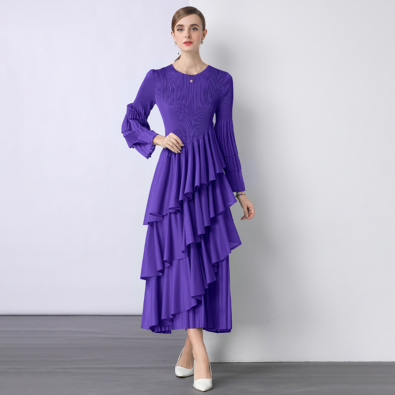 Miyake Cross border European and American Lotus Leaf Edge Cake Skirt Heavy duty Folded High Waist Long Sleeve Light Mature Wind Loose Hanging Dress Miyake Cross border European and American Lotus Leaf Edge Cake Skirt Heavy duty Folded High Waist Long Sleeve Light Mature Wind Loose Hanging Dress