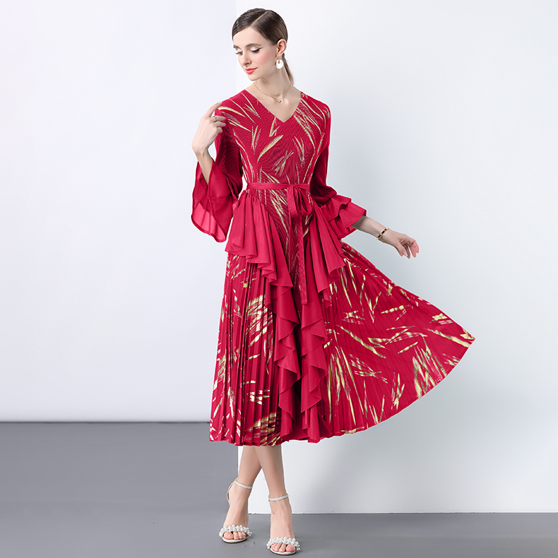 Miyake 2025 women's hot stamping lotus leaf edge heavy design sense pleated skirt pleated tie summer waist cinching cross-border long skirt Miyake 2025 women's hot stamping lotus leaf edge heavy design sense pleated skirt pleated tie summer waist cinching cross-border long skirt