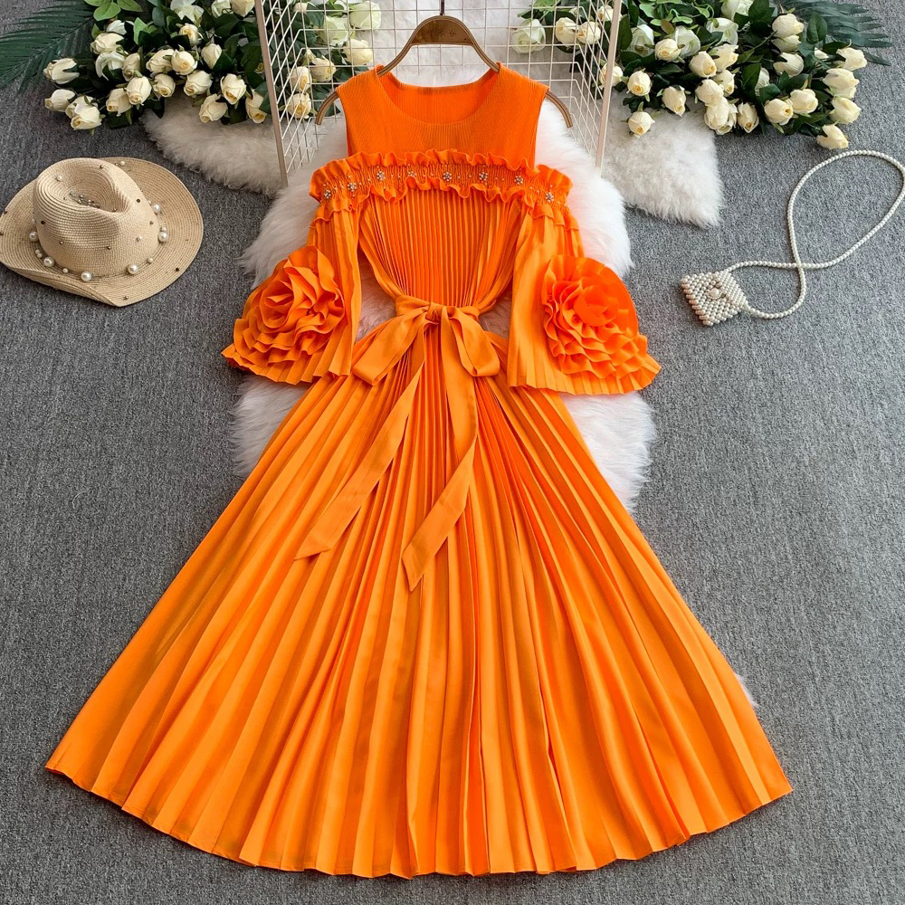 Miyake 2025 new one shoulder flared sleeve three-dimensional flower waist cinching slimming women's pleated dress cross-border nail bead Miyake 2025 new one shoulder flared sleeve three-dimensional flower waist cinching slimming women's pleated dress cross-border nail bead