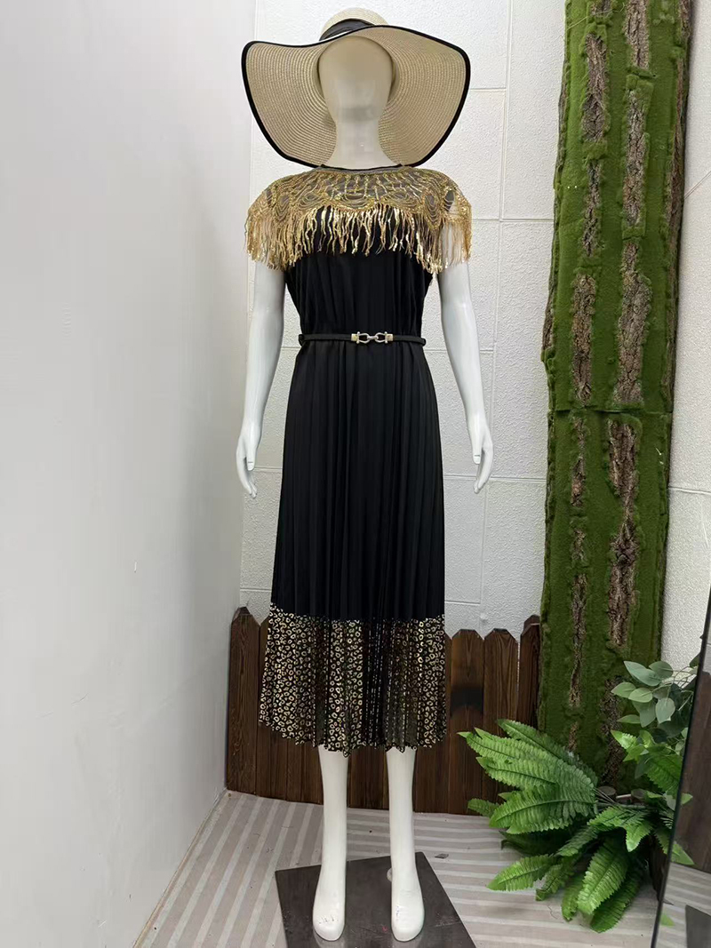 Miyake Cross border Heavy Industry Hot Stamping High end Dress, socialite style sequin decoration design, pleated loose women's long dress Miyake Cross border Heavy Industry Hot Stamping High end Dress, socialite style sequin decoration design, pleated loose women's long dress