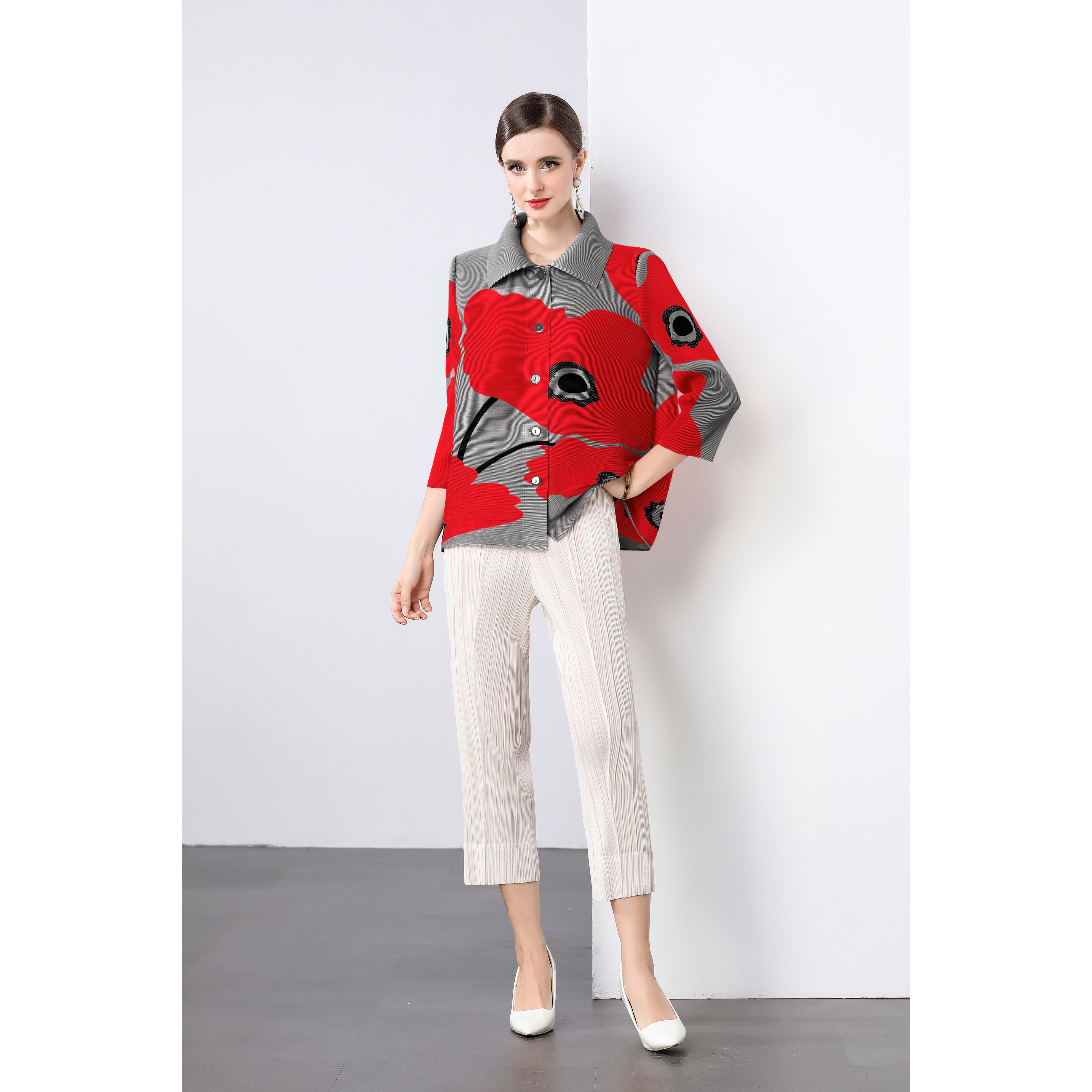 Miyake oversized loose collared pleated cardigan single breasted versatile top straight leg pleated pants Korean women's suit Miyake oversized loose collared pleated cardigan single breasted versatile top straight leg pleated pants Korean women's suit