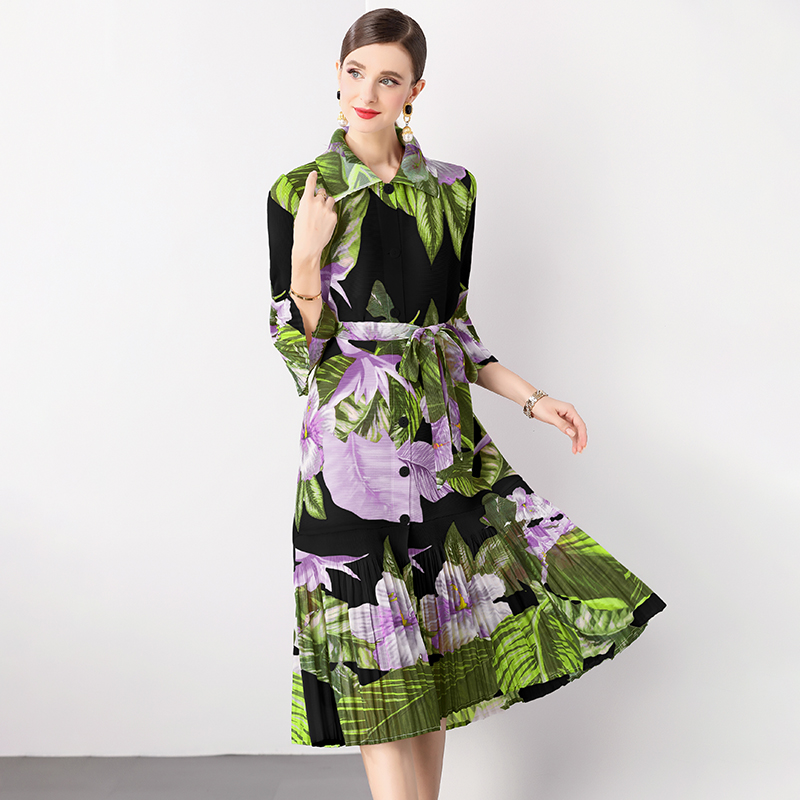 Miyake trumpet sleeve ruffle print style dress, women's long sleeved pleated cardigan style dress with a cinched waist, elongated design Miyake trumpet sleeve ruffle print style dress, women's long sleeved pleated cardigan style dress with a cinched waist, elongated design