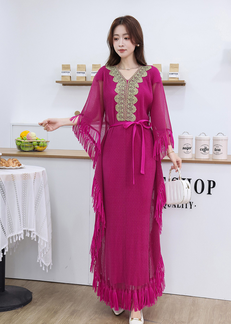 Miyake Cross border Loose Bat Sleeve Tassel Folded Lace Decal Dress Middle Eastern Female Muslim Waist Straw Fabric Miyake Cross border Loose Bat Sleeve Tassel Folded Lace Decal Dress Middle Eastern Female Muslim Waist Straw Fabric