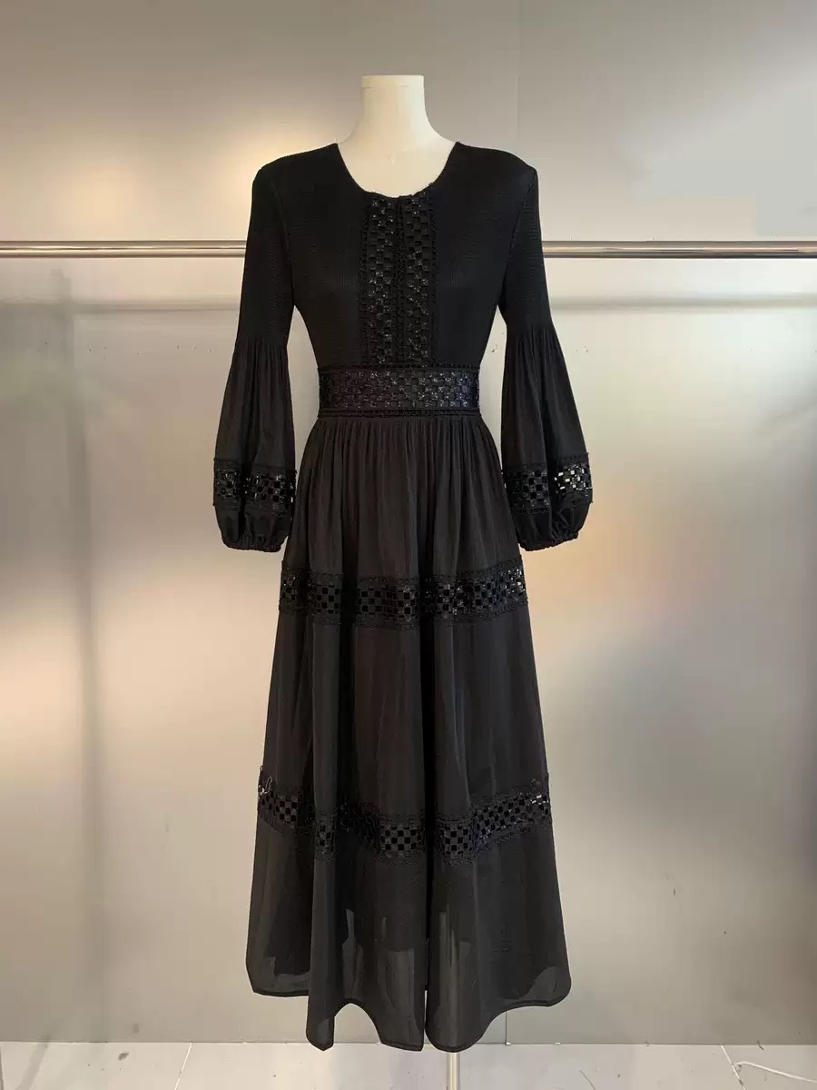 New cross-border three bedroom bohemian style embroidered lace hollow sequin pleated European, American, and African lace dress New cross-border three bedroom bohemian style embroidered lace hollow sequin pleated European, American, and African lace dress