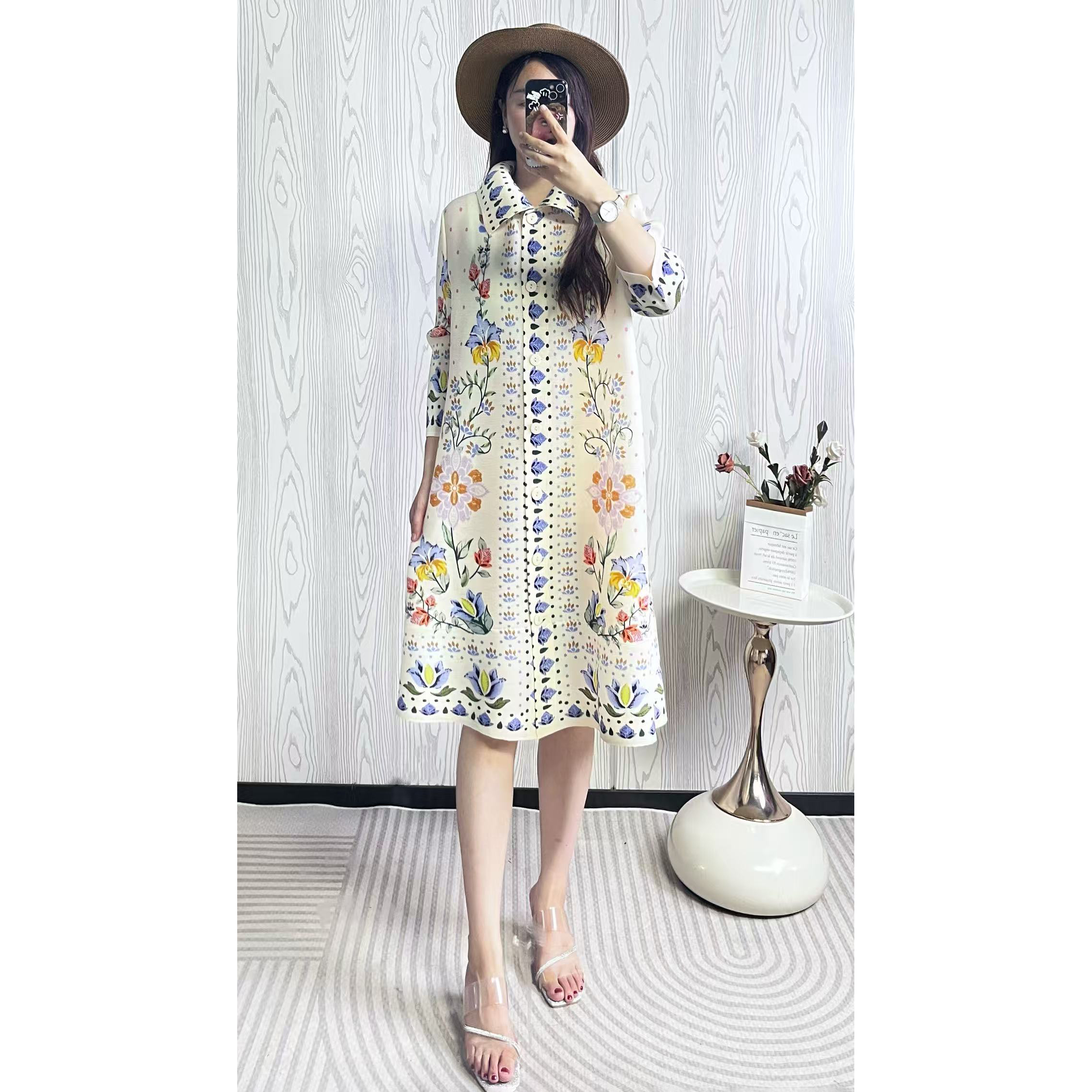 Original factory quality discount straight Miyake pleated medium long print slimming and age reducing mm dress with nine quarter sleeves Original factory quality discount straight Miyake pleated medium long print slimming and age reducing mm dress with nine quarter sleeves