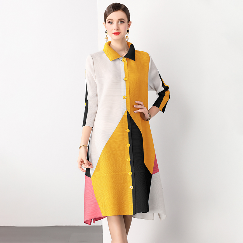 Sanzhai Spring and Autumn Mid length Loose Printed Slimming and Age Reducing Large Size MM Dress with Collar Fold and Nine Cent Sleeve Sanzhai Spring and Autumn Mid length Loose Printed Slimming and Age Reducing Large Size MM Dress with Collar Fold and Nine Cent Sleeve