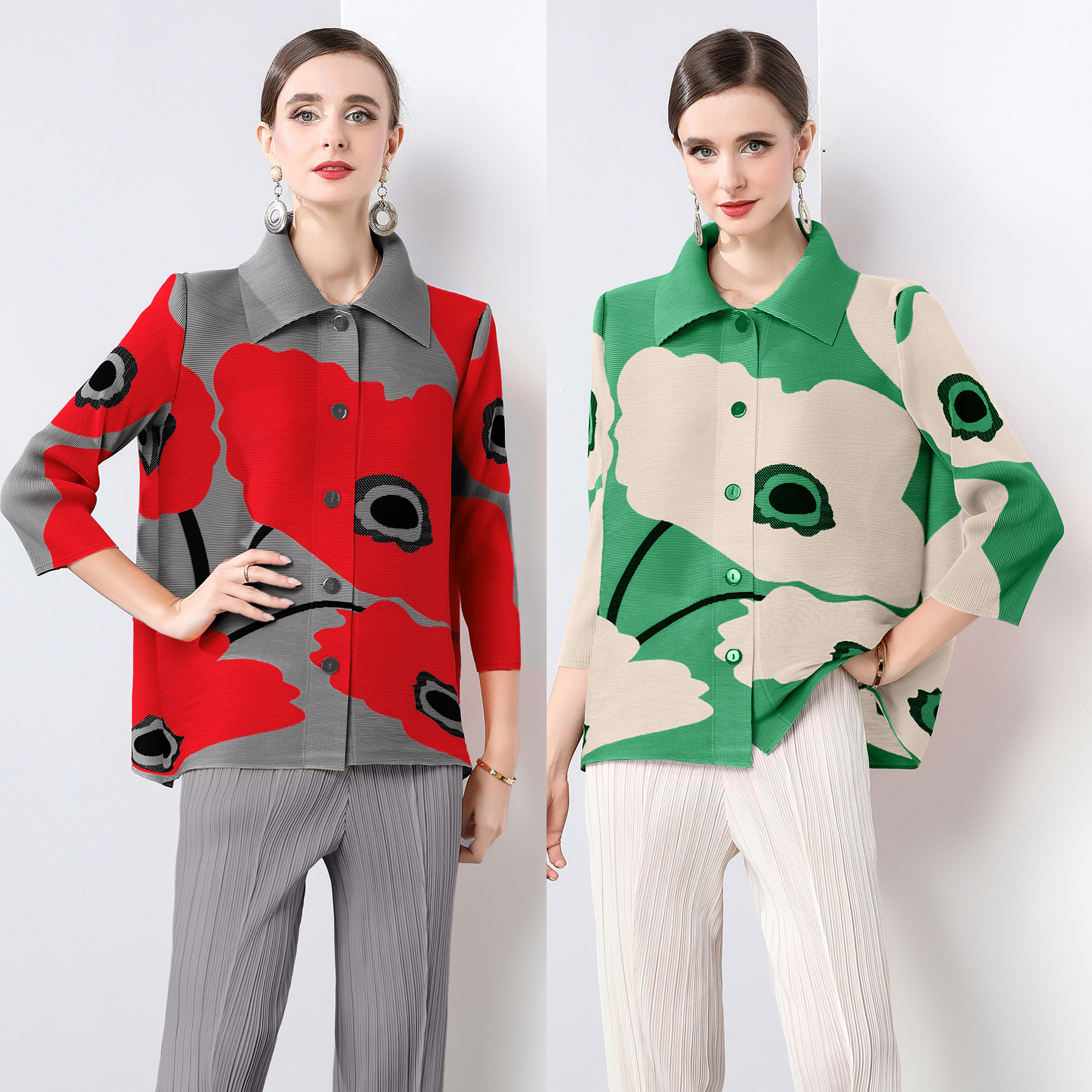 Miyake loose plus size mm outfit, single breasted long sleeved shirt, lapel pleated small jacket, spring and autumn foreign trade new style, versatile