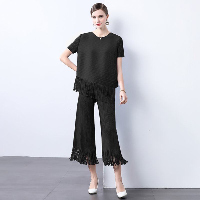 Miyake European and American style pleated fringe design, loose and irregular top, slimming and wide leg pants two-piece set for women Miyake European and American style pleated fringe design, loose and irregular top, slimming and wide leg pants two-piece set for women