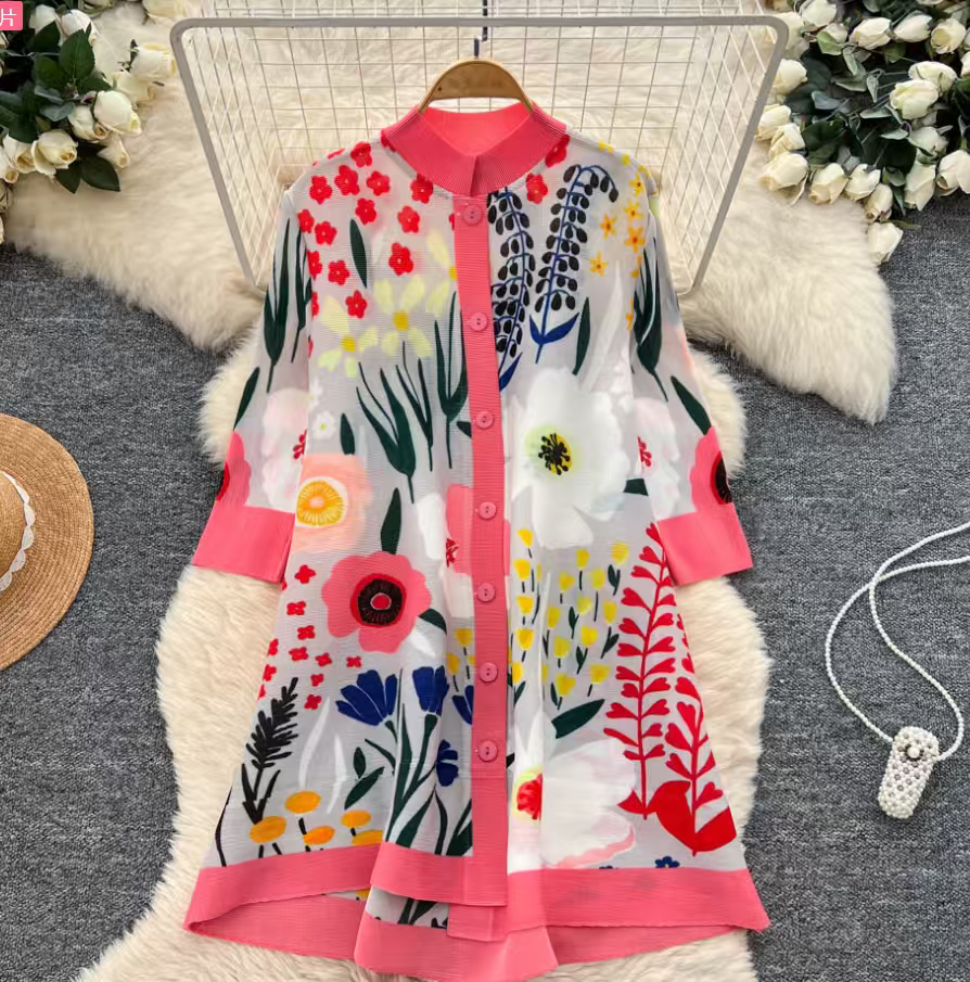 Original factory quality discount straight Miyake pleated medium long print slimming and age reducing mm dress with nine quarter sleeves Original factory quality discount straight Miyake pleated medium long print slimming and age reducing mm dress with nine quarter sleeves