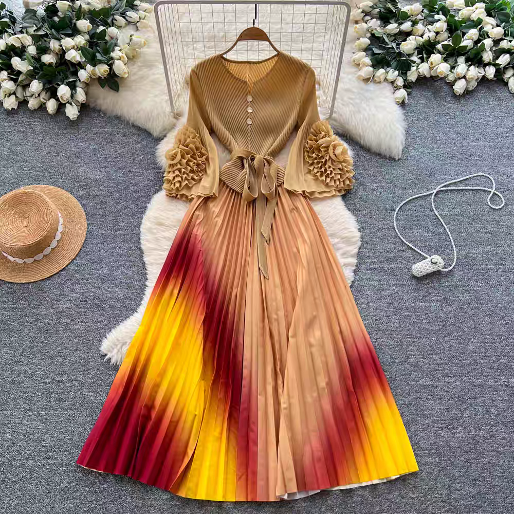 European and American cross-border three bedroom fashionable plate flower trumpet sleeve long sleeved tie waist gradient color pleated hundred fold elegant long skirt European and American cross-border three bedroom fashionable plate flower trumpet sleeve long sleeved tie waist gradient color pleated hundred fold elegant long skirt