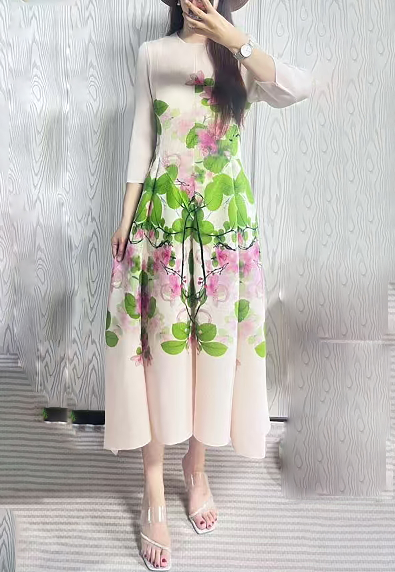 Wrinkled autumn gentle style French foreign trade printed long skirt, three bedroom flower bud eight piece skirt, elegant stretch plus size women's clothing Wrinkled autumn gentle style French foreign trade printed long skirt, three bedroom flower bud eight piece skirt, elegant stretch plus size women's clothing