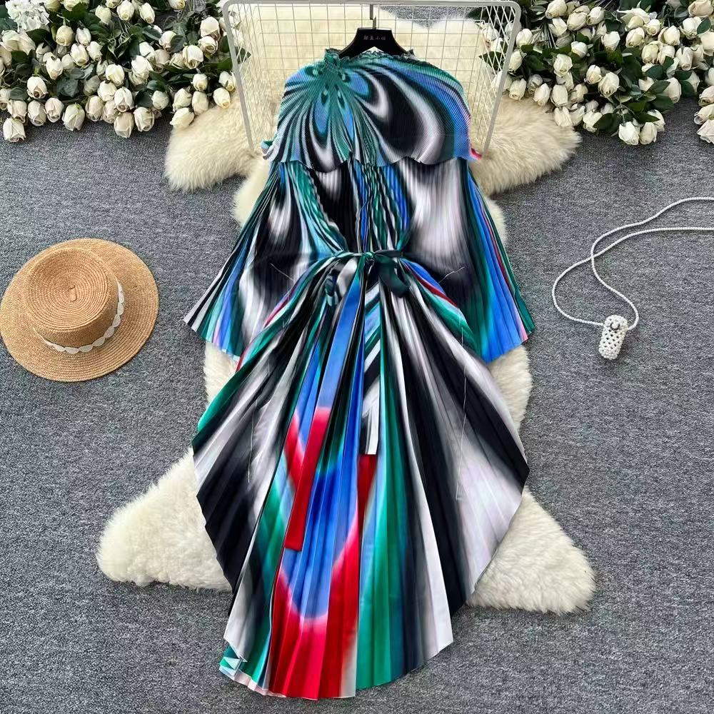 Autumn Cross border Folded Bat Sleeve Cloak Printed Crimson Dress with Hundred Fold Fashion Large Size European and American Shawl Women's Clothing Autumn Cross border Folded Bat Sleeve Cloak Printed Crimson Dress with Hundred Fold Fashion Large Size European and American Shawl Women's Clothing