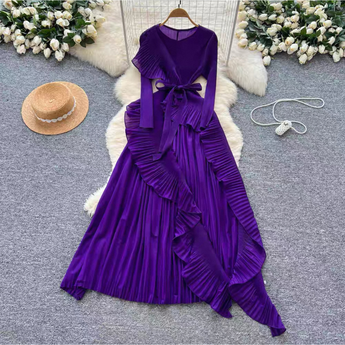 Lotus leaf edge pleated autumn strap irregular design sense foreign trade dress pleated 2025 cross-border women's dress Lotus leaf edge pleated autumn strap irregular design sense foreign trade dress pleated 2025 cross-border women's dress