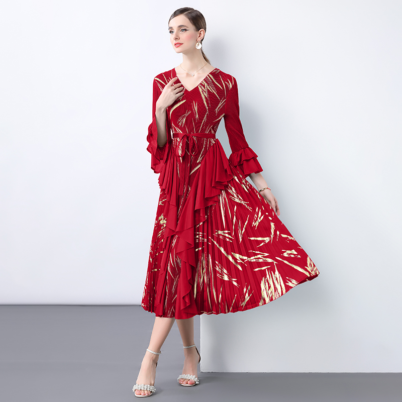 Miyake 2025 women's hot stamping lotus leaf edge heavy design sense pleated skirt pleated tie summer waist cinching cross-border long skirt Miyake 2025 women's hot stamping lotus leaf edge heavy design sense pleated skirt pleated tie summer waist cinching cross-border long skirt