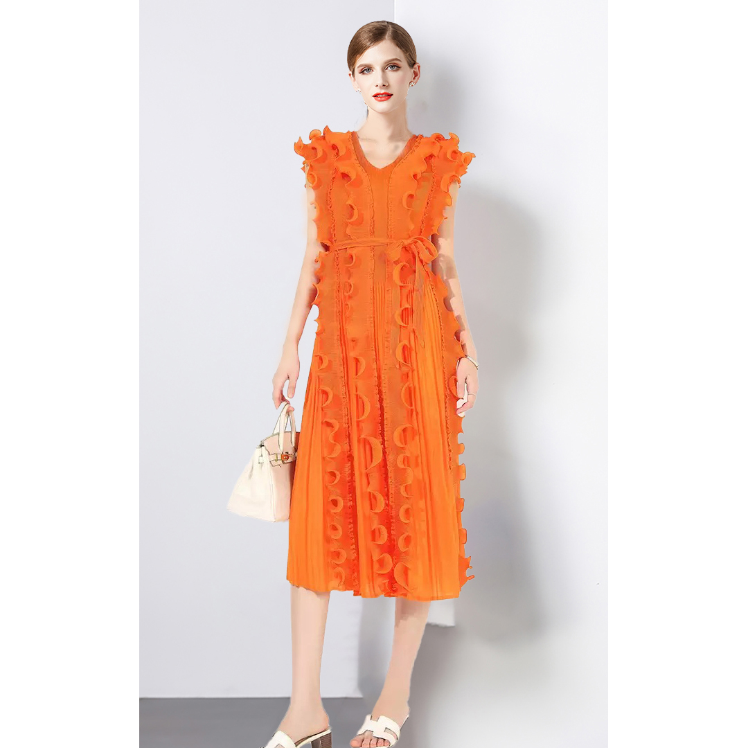 Miyake Cross border European and American Folded Mushroom Edge Design Sense V-neck Sleeveless Dress in Large Size Looks Thin with Lotus Leaf Edge in Africa Miyake Cross border European and American Folded Mushroom Edge Design Sense V-neck Sleeveless Dress in Large Size Looks Thin with Lotus Leaf Edge in Africa