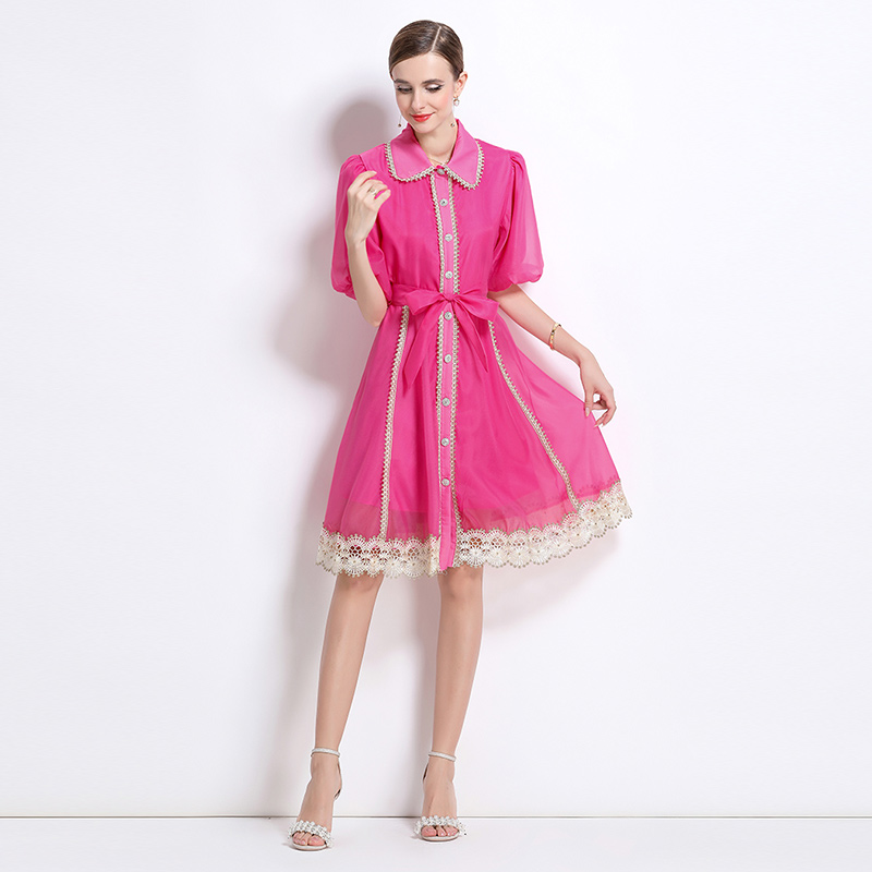 Real time shooting of summer new retro collar single breasted lace lantern sleeve dress Real time shooting of summer new retro collar single breasted lace lantern sleeve dress