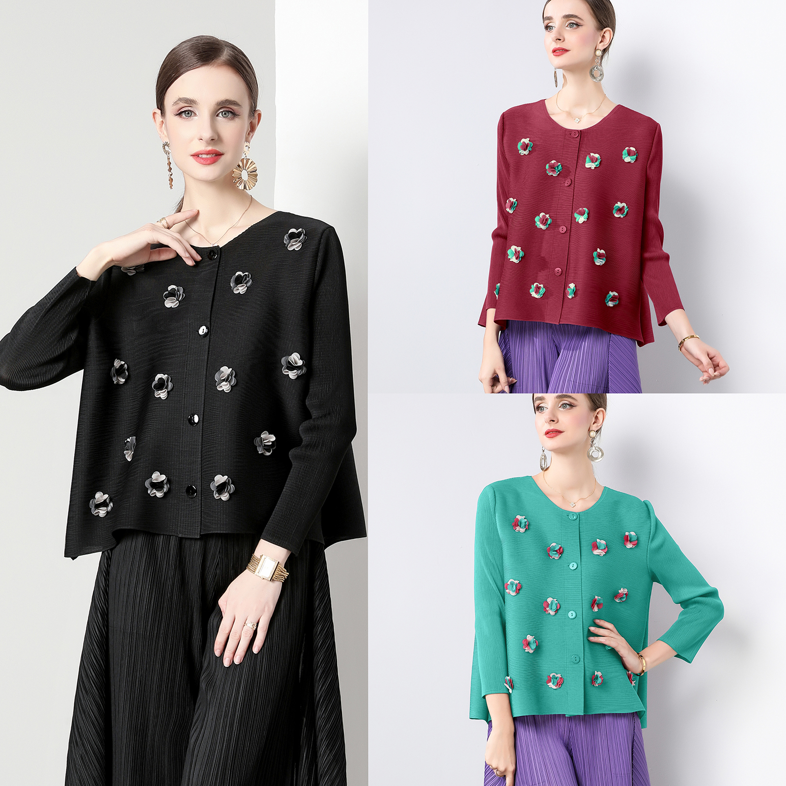 Sanzhai Foreign Trade Loose and Versatile Three Dimensional Decoration Small Fragrant Style Design Feel Folded Small Coat Casual Long Sleeve Top for Women