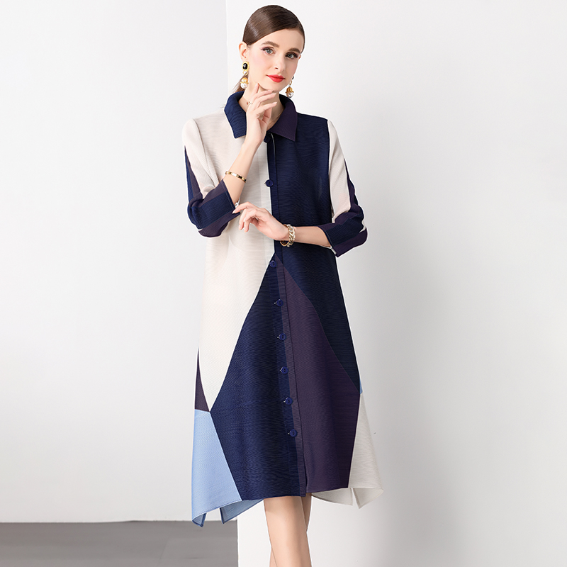 Sanzhai Spring and Autumn Mid length Loose Printed Slimming and Age Reducing Large Size MM Dress with Collar Fold and Nine Cent Sleeve Sanzhai Spring and Autumn Mid length Loose Printed Slimming and Age Reducing Large Size MM Dress with Collar Fold and Nine Cent Sleeve