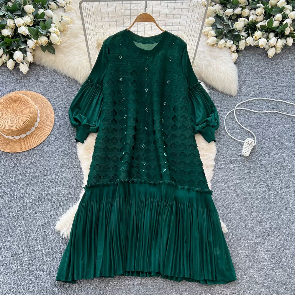 Miyake Cross border European and American Nail Bead Lantern Sleeve Folded Dress with Hollow Design, Loose and Elegant Lotus Leaf Side Length Skirt Miyake Cross border European and American Nail Bead Lantern Sleeve Folded Dress with Hollow Design, Loose and Elegant Lotus Leaf Side Length Skirt