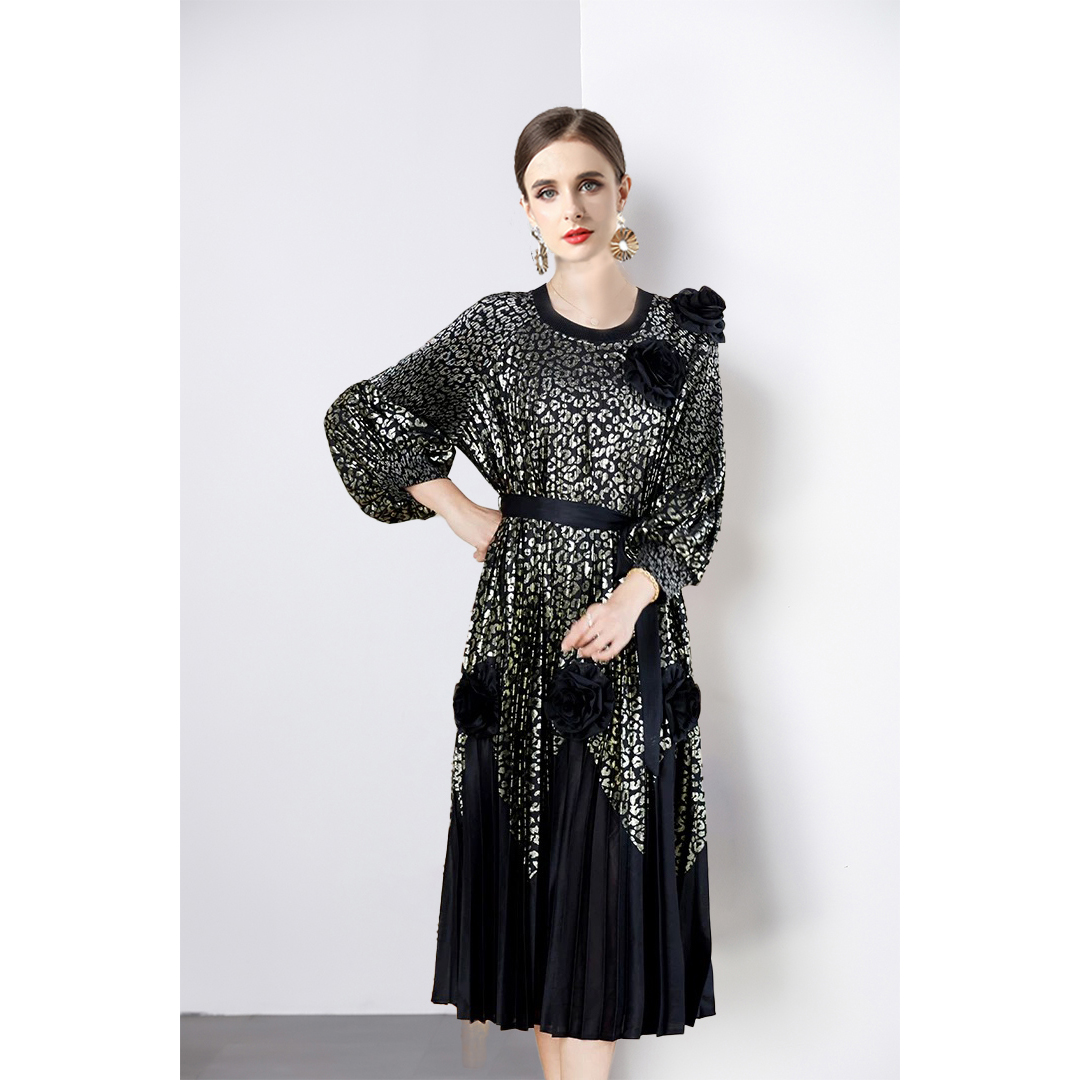 Miyake 2025 Cross border High end Hot Stamped Lantern Sleeve Folded Dress with Strap up 3D Decorative Flower Fairy Style Skirt Miyake 2025 Cross border High end Hot Stamped Lantern Sleeve Folded Dress with Strap up 3D Decorative Flower Fairy Style Skirt