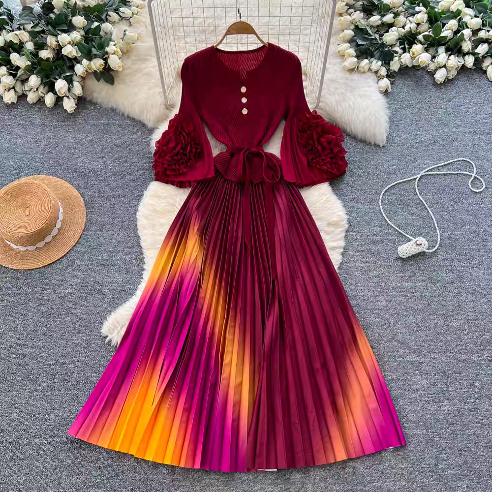 European and American cross-border three bedroom fashionable plate flower trumpet sleeve long sleeved tie waist gradient color pleated hundred fold elegant long skirt European and American cross-border three bedroom fashionable plate flower trumpet sleeve long sleeved tie waist gradient color pleated hundred fold elegant long skirt