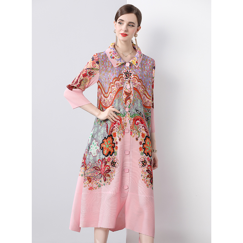 Sanzhai Spring and Autumn Mid length Loose Printed Slimming and Age Reducing Large Size MM Dress with Collar Fold and Nine Cent Sleeve Sanzhai Spring and Autumn Mid length Loose Printed Slimming and Age Reducing Large Size MM Dress with Collar Fold and Nine Cent Sleeve