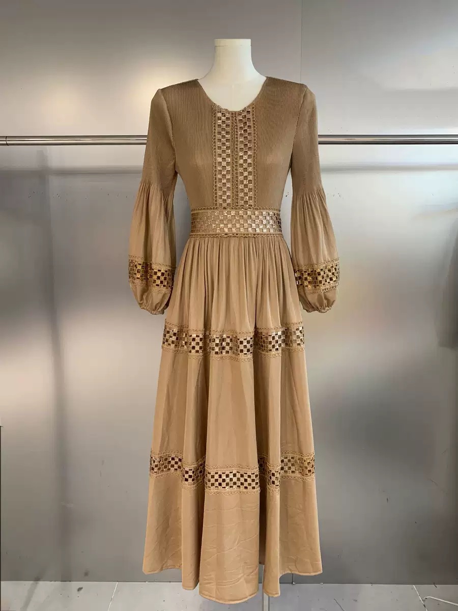 New cross-border three bedroom bohemian style embroidered lace hollow sequin pleated European, American, and African lace dress New cross-border three bedroom bohemian style embroidered lace hollow sequin pleated European, American, and African lace dress