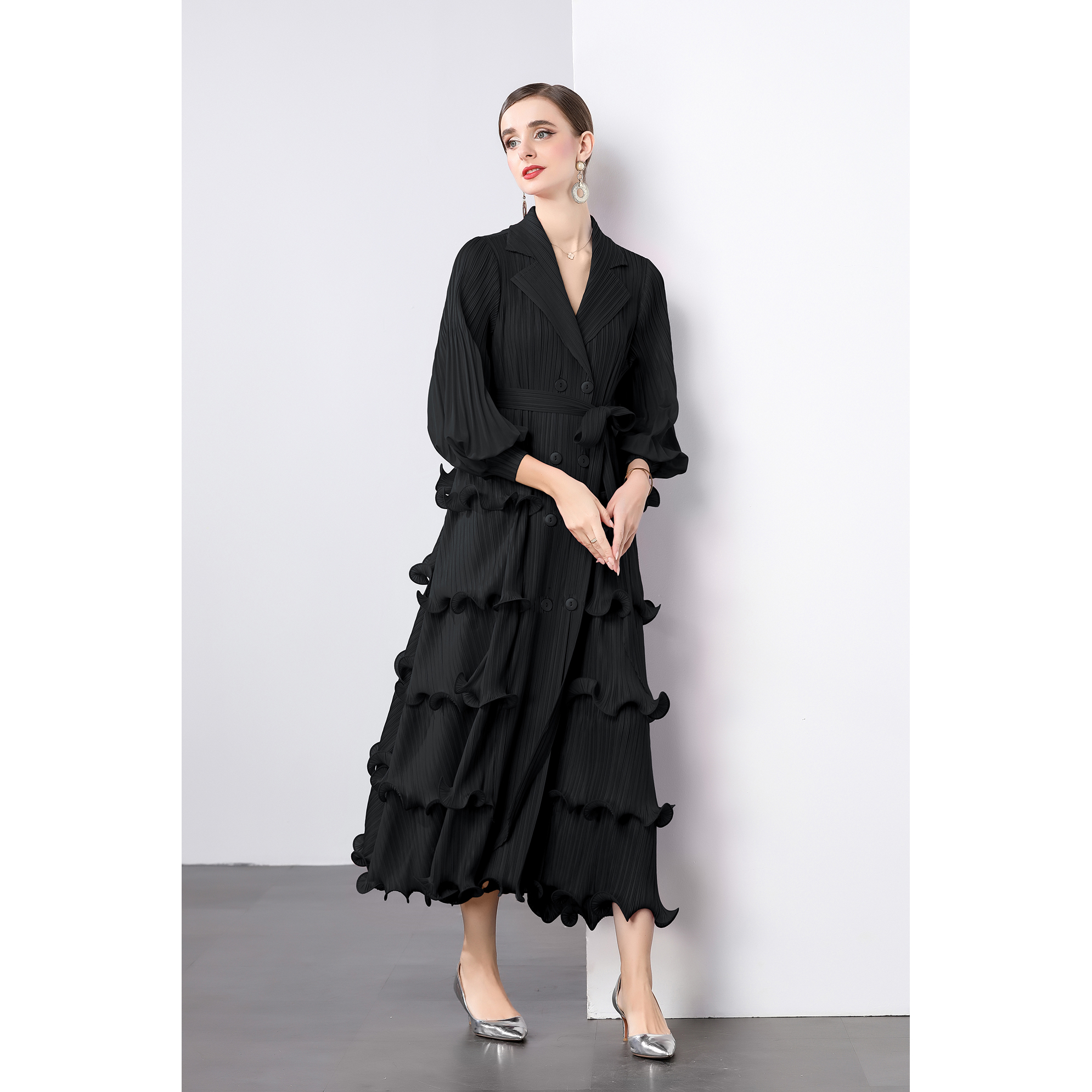 Miyake suit collar cardigan dress, black fungus edge pleated cake skirt, heavy-duty lantern sleeves, plus size mm, cross-border women's outfit Miyake suit collar cardigan dress, black fungus edge pleated cake skirt, heavy-duty lantern sleeves, plus size mm, cross-border women's outfit
