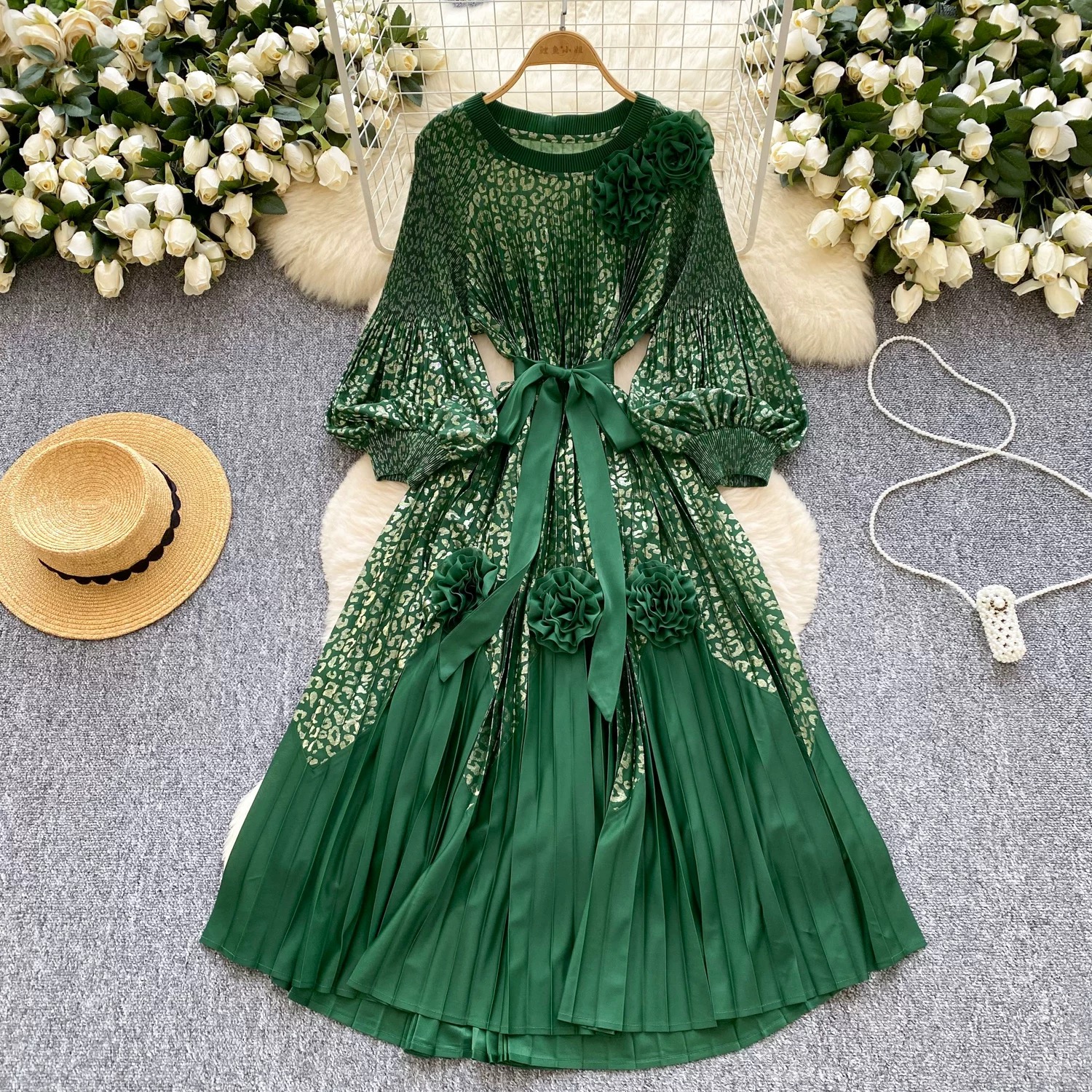 Miyake 2025 Cross border High end Hot Stamped Lantern Sleeve Folded Dress with Strap up 3D Decorative Flower Fairy Style Skirt Miyake 2025 Cross border High end Hot Stamped Lantern Sleeve Folded Dress with Strap up 3D Decorative Flower Fairy Style Skirt