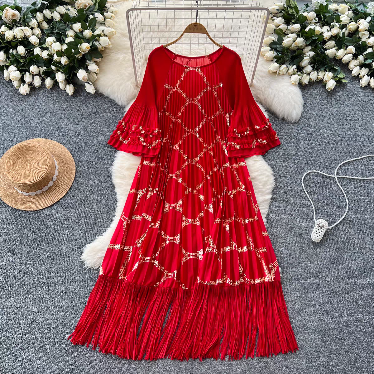 Miyake European and American cross-border hot stamping fashionable pleated dress with flared sleeves, large swing and hanging tassel long skirt, loose and slimming Miyake European and American cross-border hot stamping fashionable pleated dress with flared sleeves, large swing and hanging tassel long skirt, loose and slimming