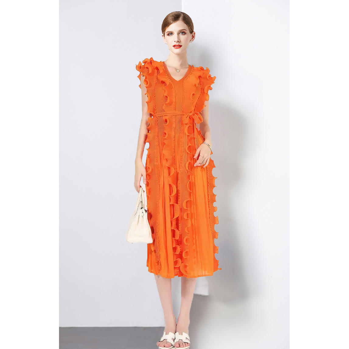 Miyake Cross border European and American Folded Mushroom Edge Design Sense V-neck Sleeveless Dress in Large Size Looks Thin with Lotus Leaf Edge in Africa Miyake Cross border European and American Folded Mushroom Edge Design Sense V-neck Sleeveless Dress in Large Size Looks Thin with Lotus Leaf Edge in Africa