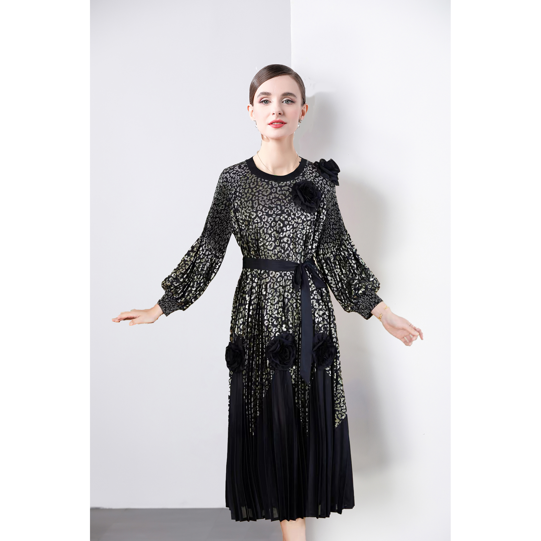 Miyake 2025 Cross border High end Hot Stamped Lantern Sleeve Folded Dress with Strap up 3D Decorative Flower Fairy Style Skirt Miyake 2025 Cross border High end Hot Stamped Lantern Sleeve Folded Dress with Strap up 3D Decorative Flower Fairy Style Skirt