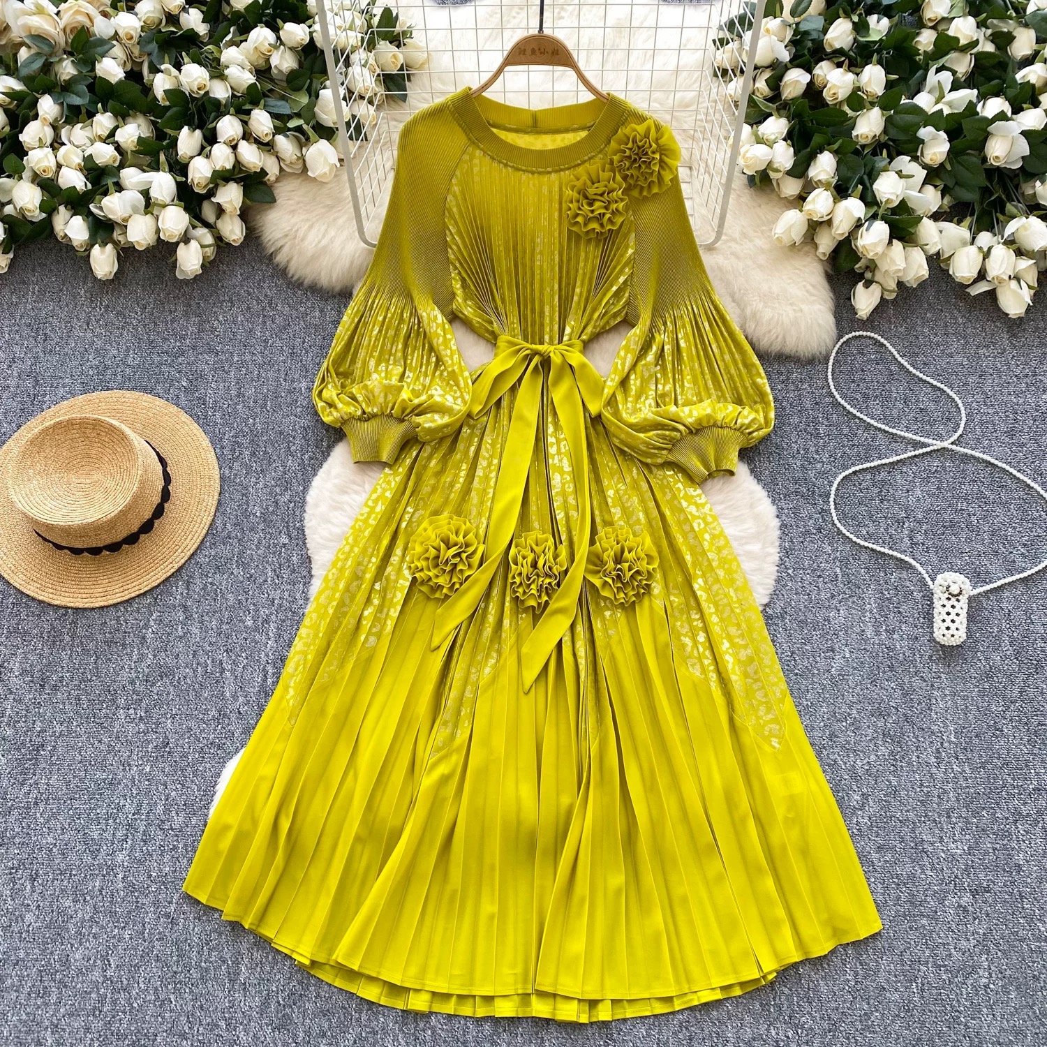 Miyake 2025 Cross border High end Hot Stamped Lantern Sleeve Folded Dress with Strap up 3D Decorative Flower Fairy Style Skirt Miyake 2025 Cross border High end Hot Stamped Lantern Sleeve Folded Dress with Strap up 3D Decorative Flower Fairy Style Skirt