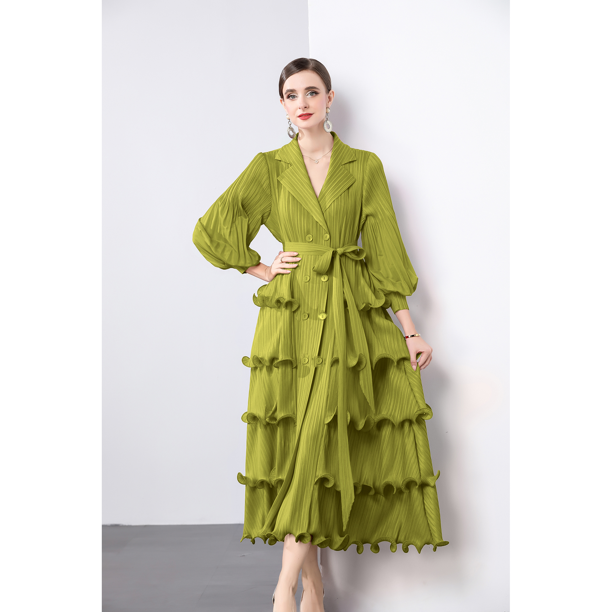 Miyake suit collar cardigan dress, black fungus edge pleated cake skirt, heavy-duty lantern sleeves, plus size mm, cross-border women's outfit Miyake suit collar cardigan dress, black fungus edge pleated cake skirt, heavy-duty lantern sleeves, plus size mm, cross-border women's outfit