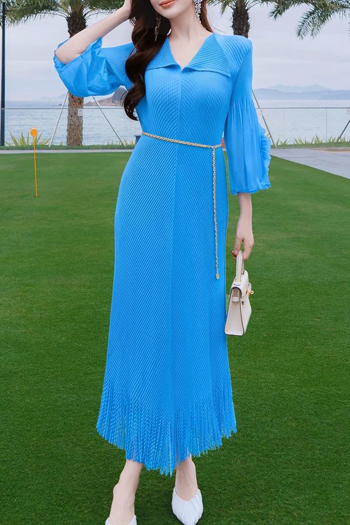 Miyake 2025 new pleated fish scale pleated dress with floral sleeves, tassel oversized women's clothing, elegant foreign trade, cross-border Miyake 2025 new pleated fish scale pleated dress with floral sleeves, tassel oversized women's clothing, elegant foreign trade, cross-border