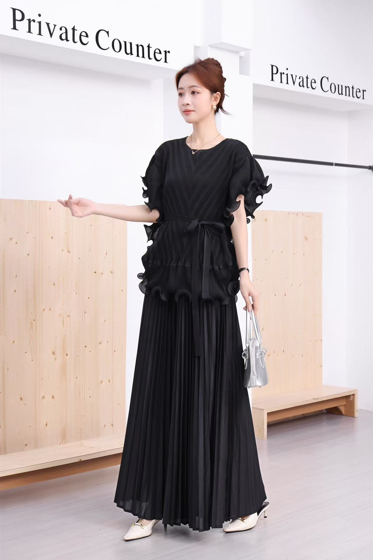 Sanzhai's new cross-border European and American fungus edge cinched waist mesh loose pleated top, wide leg pants, pleated pants women's set Sanzhai's new cross-border European and American fungus edge cinched waist mesh loose pleated top, wide leg pants, pleated pants women's set
