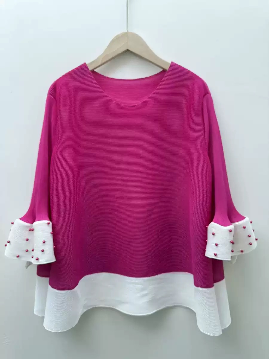 Wrinkle color blocked nail bead top, fashionable and versatile, simple European and American loose cross-border splicing long sleeved T-shirt, autumn jacket