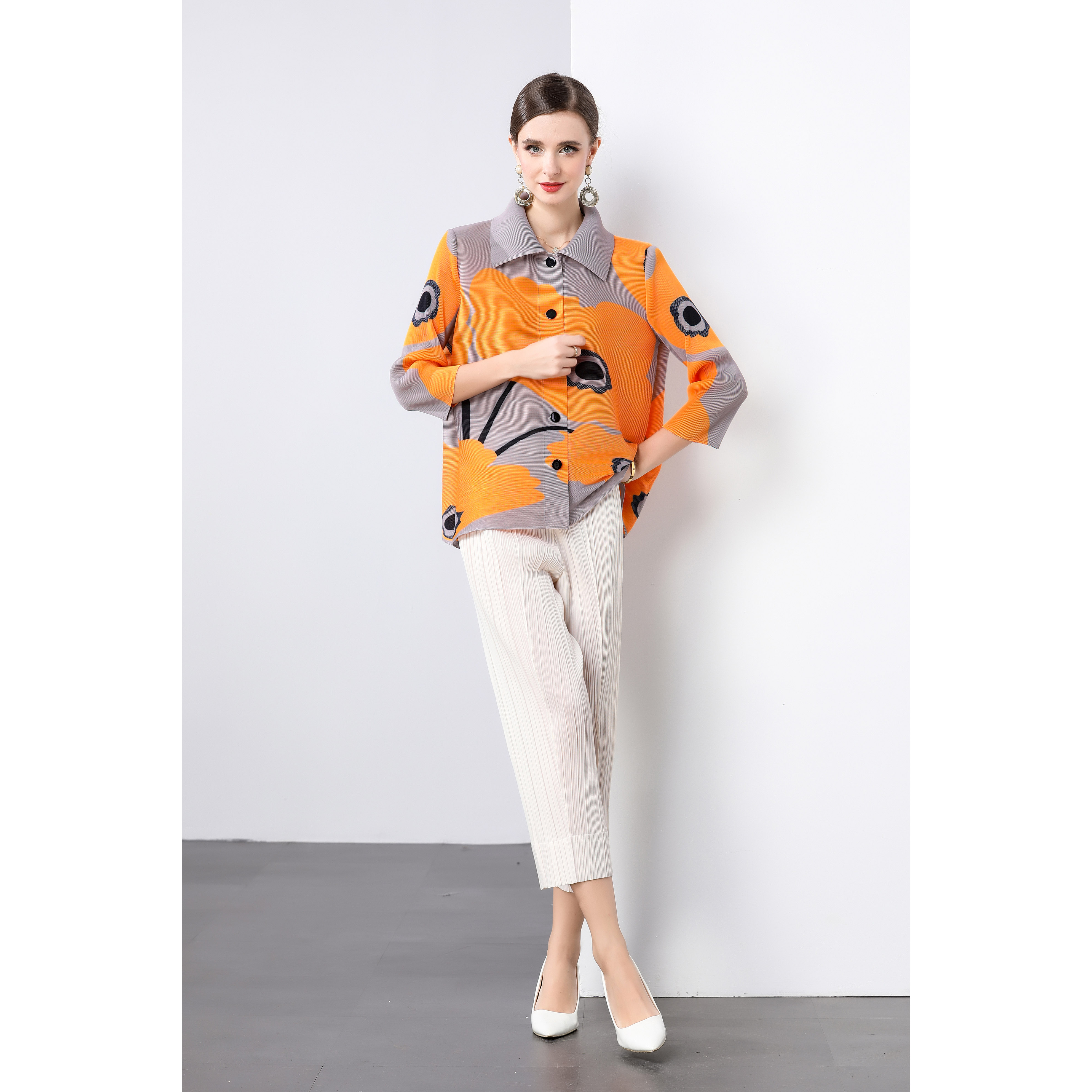 Miyake oversized loose collared pleated cardigan single breasted versatile top straight leg pleated pants Korean women's suit Miyake oversized loose collared pleated cardigan single breasted versatile top straight leg pleated pants Korean women's suit