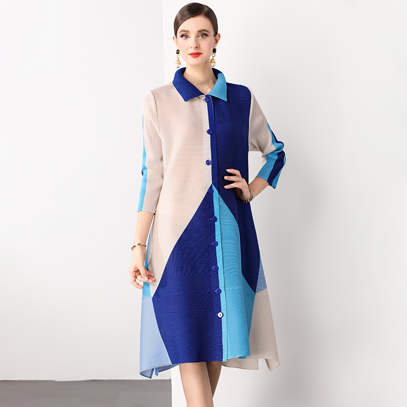 Sanzhai Spring and Autumn Mid length Loose Printed Slimming and Age Reducing Large Size MM Dress with Collar Fold and Nine Cent Sleeve Sanzhai Spring and Autumn Mid length Loose Printed Slimming and Age Reducing Large Size MM Dress with Collar Fold and Nine Cent Sleeve